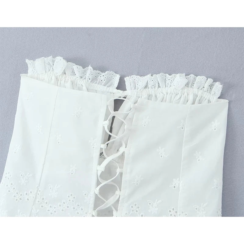 Women Hollow Out Embroidery White Strapless Top Sexy Backless Lacing Up Back Holiday Summer Crop Top Cotton