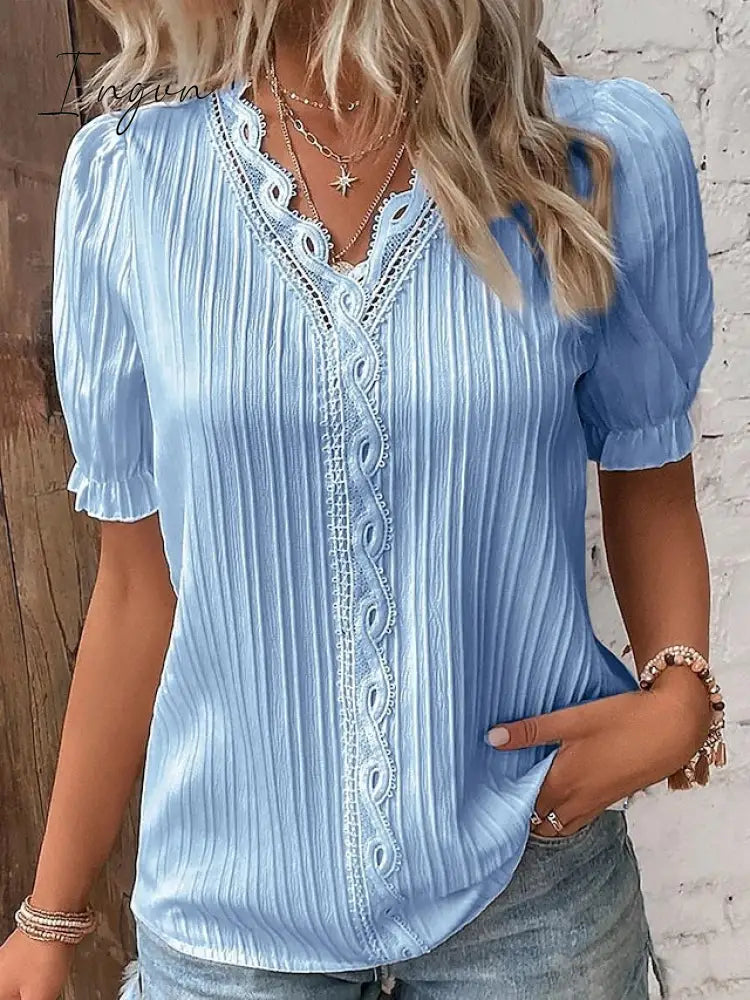 Ingvn - Women's Shirt Blouse yellow-green Violets White Plain Lace Short Sleeve Casual Basic V Neck
