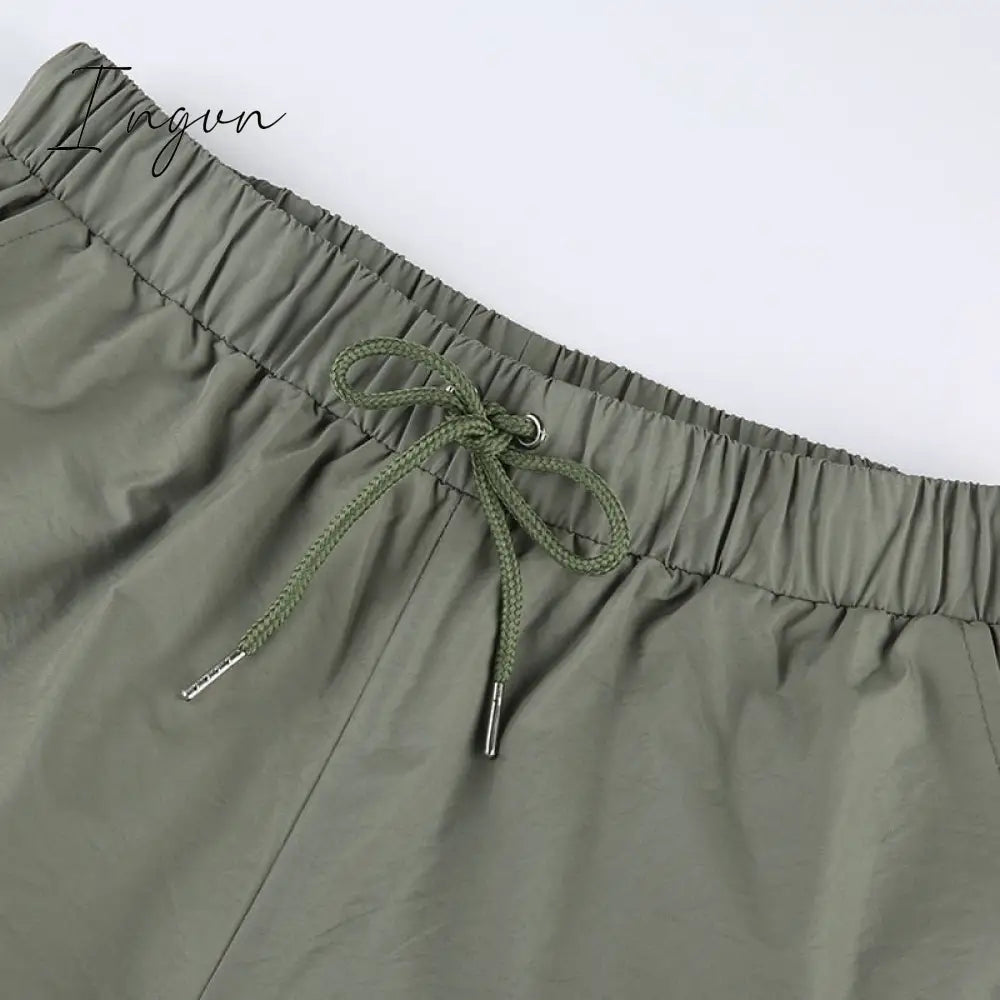 Ingvn - Joggers Baggy Wide Leg Sweatpants Sets Loose Drawstring Low Waist Streetwear Cargo Pants Turtleneck Top 2 Piece Set