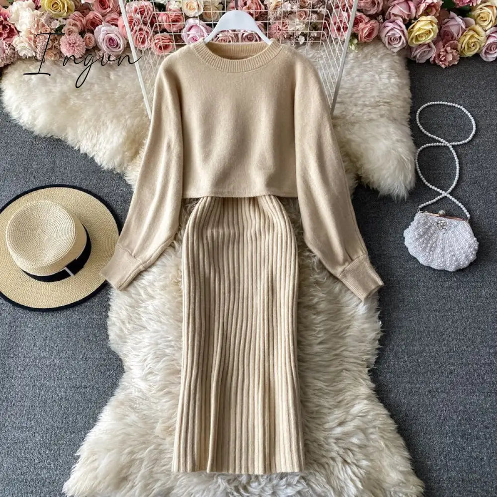 Ingvn - New Fashion Autumn Winter Women's Thicken Warm Knitted Pullover Sweater Two-Piece Suits +High Waist dress Set