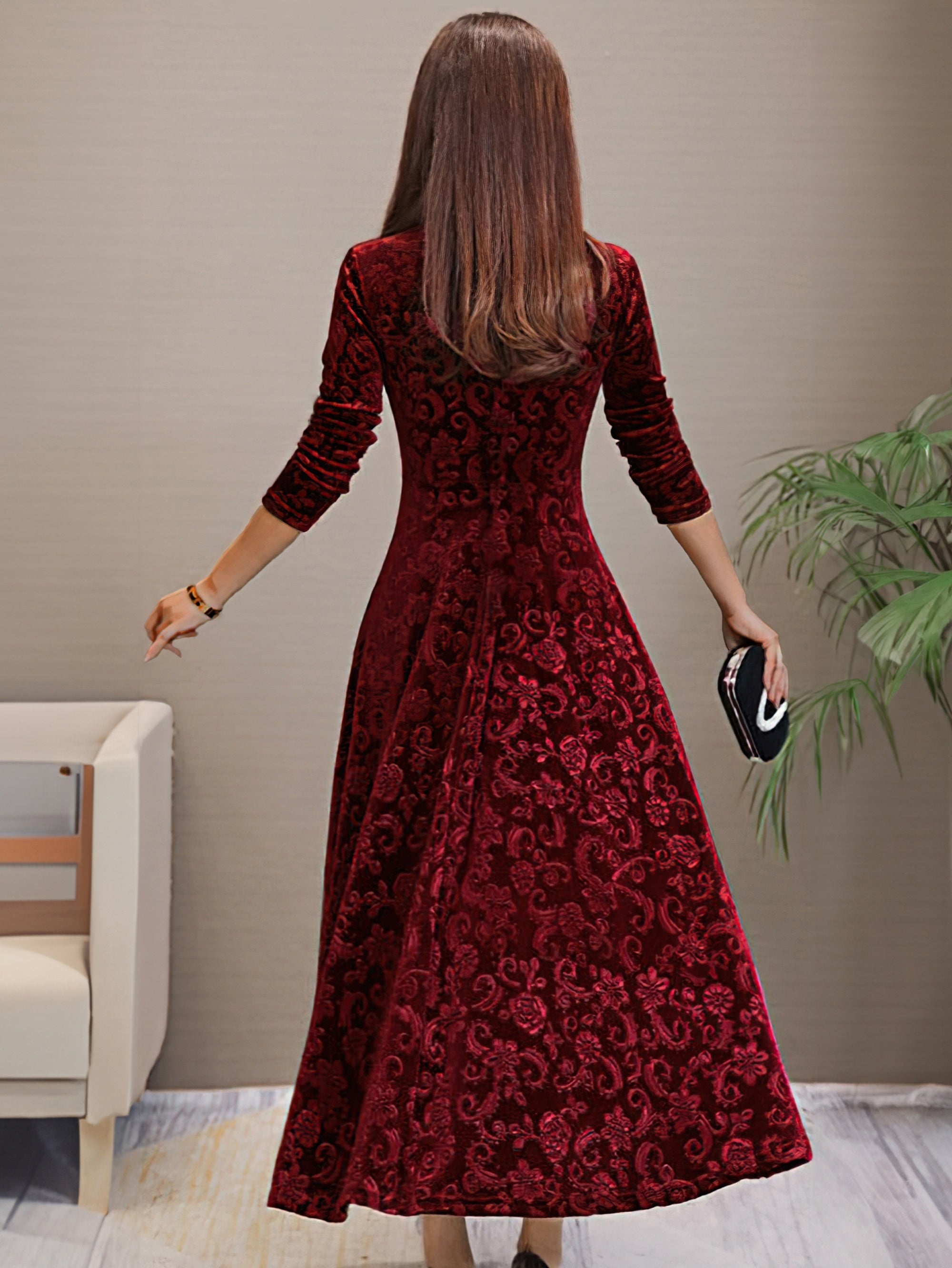 Vibrant Polyester Long Sleeve V-Neck Flared Dress - Elegant, High-Elasticity, Random Print, Machine Washable, All-Season Apparel for Women - Perfect for Spring and Fall Occasions