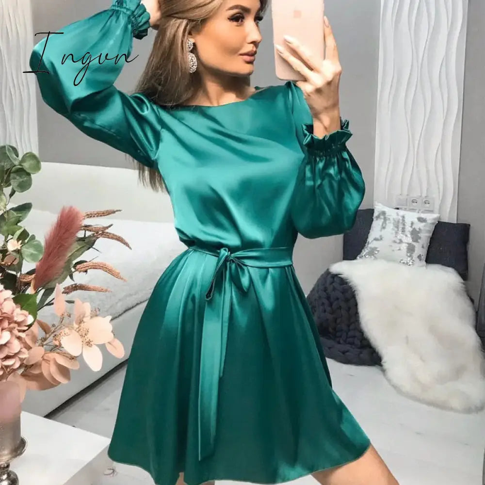 Ingvn - Elegant Vintage Sashes Satin A-line Dress Women Autumn New Lantern Sleeve O Neck Solid Casual Party Vestidos Fashion Robes