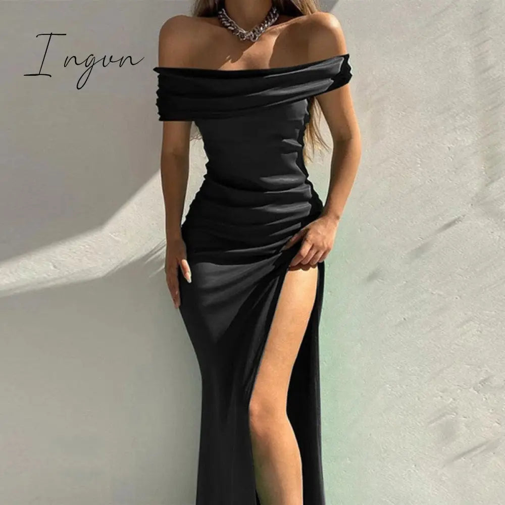 Ingvn - Summer Off Shoulder Elegant Sexy High Slit Evening Dresses Women Fashion Solid Slim Prom Party Dress Vestido Feminino Robe Femme