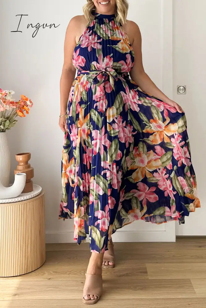 Ingvn- Vintage Elegant Floral Frenulum Halter Printed Dress Dresses