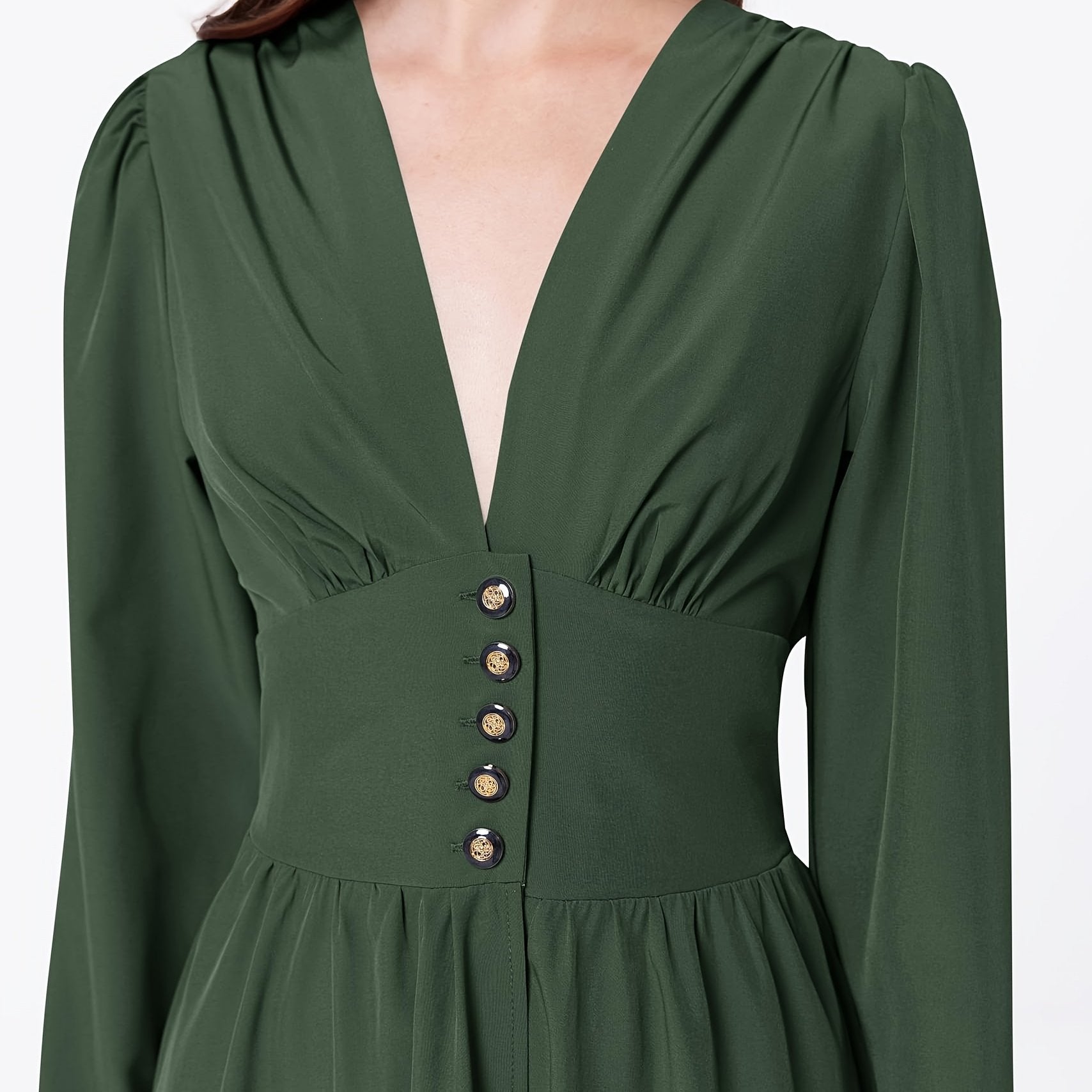 Deep V Neck Button Waist Dress, Elegant Long Sleeve Maxi Dress For Cocktail & Wedding Party, Women's Clothing