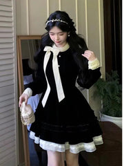 Autumn Black Velvet Dresses for Women Long Sleeve Lace Patchwork Bow Lace-up Evening Party Dress Korean Fashion A-Line Vestidos