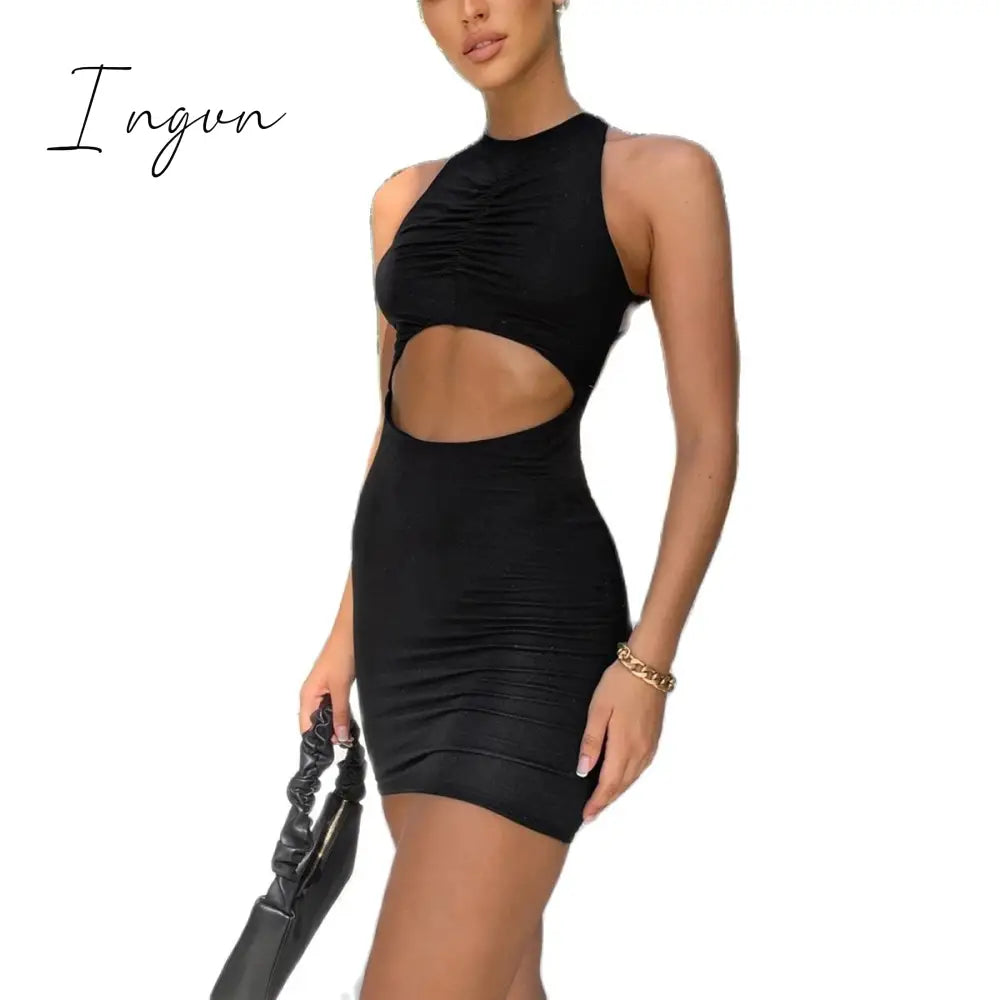 Ingvn - 2023 New Sleeveless European American Summer Sexy Black Hollow Round Neck Wrapped Hip Open Back Dress