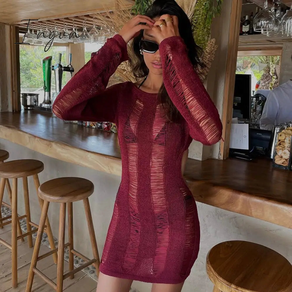 Ingvn - Fashion Trends Round Collar See Through Dress Women Sexy Long Sleeve Elegant Beachwear Hollow Out Backless Knitted Female Dress Summer