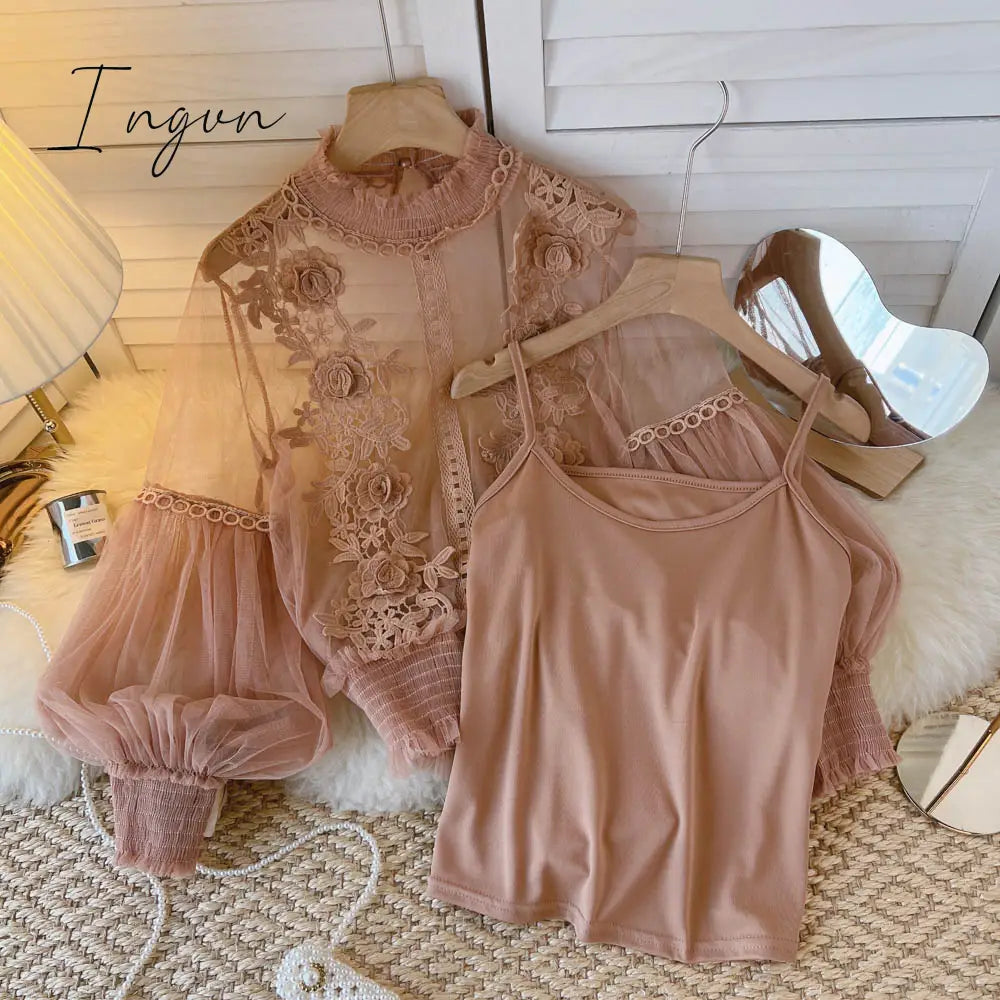 Ingvn - spring Women Mesh Tops Fashion Sexy Sheer Lace Blouse Lantern Sleeve 3D Floral Blouses Shirts Elegant Top Blusas Femininas