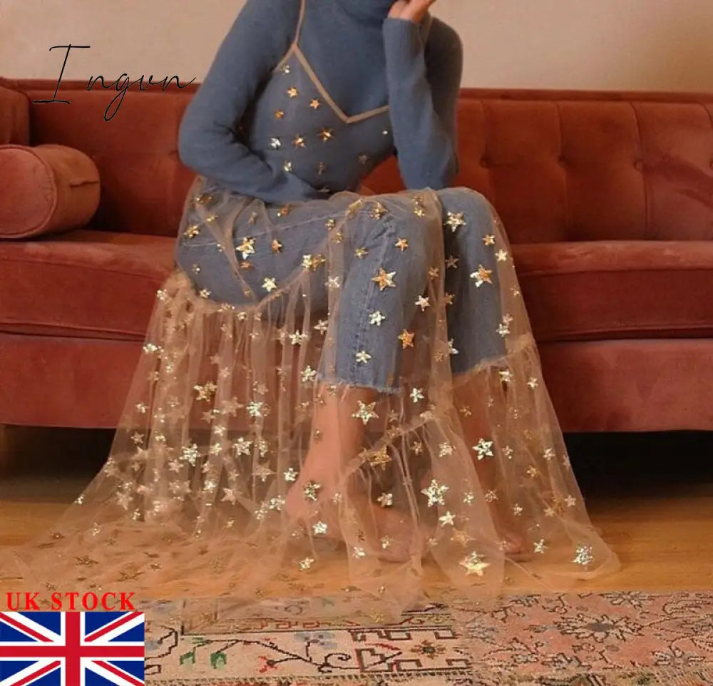 Ingvn - Elegant Spaghetti Straps Tulle Long Women Dress Fashion Bling Bling See Through Dress Sexy Fashion Hot Selling Beachwear