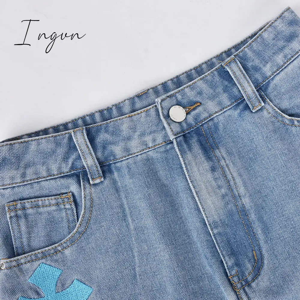 Ingvn - Womens Fashion Denim Skirt Pattern Emboridery Tassel Pocket Zipper Straight Hot Women Bottoms Holiday Vocation Casual Wear Y2k Clothes