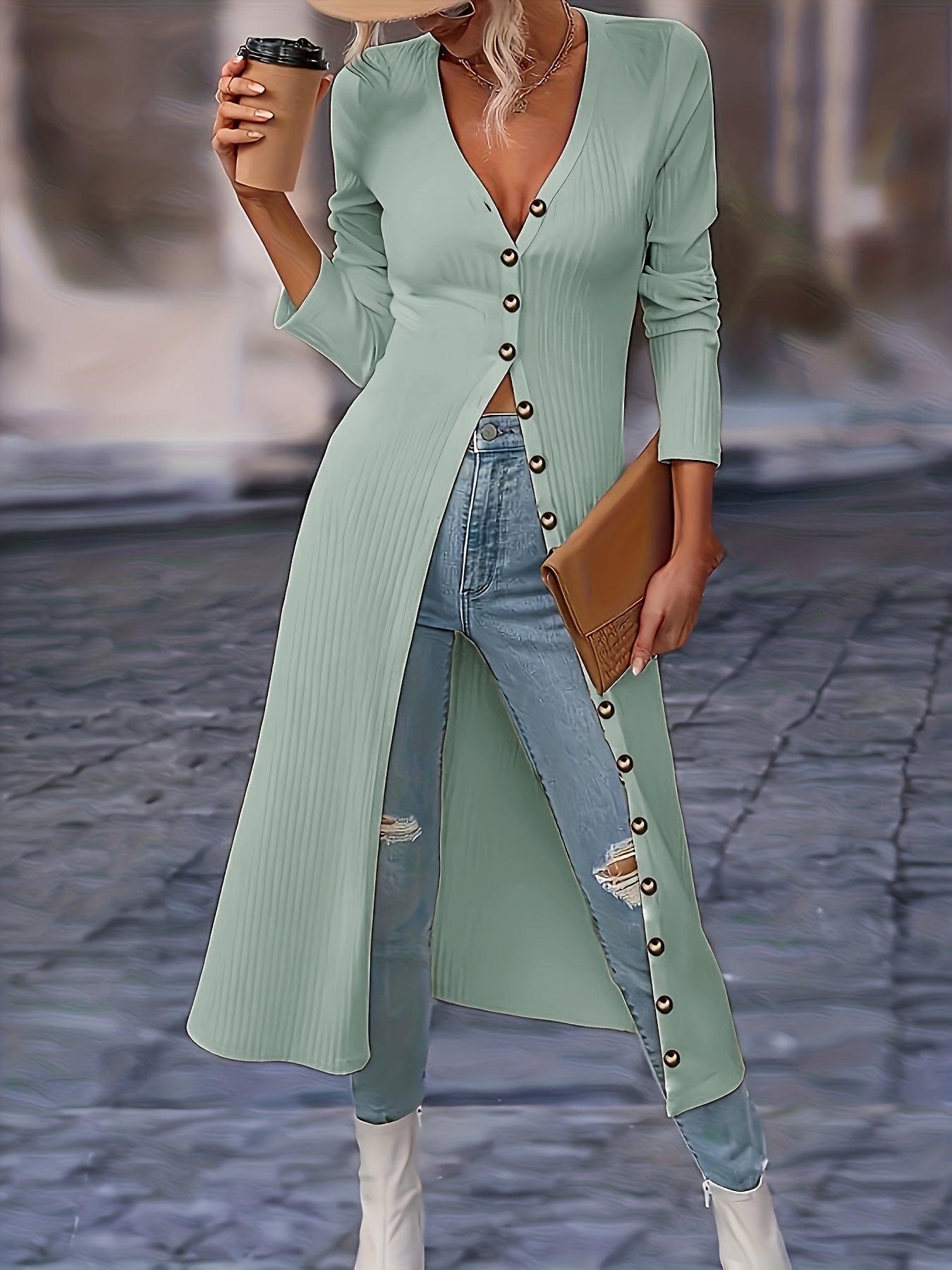 Womens Chic Solid Knit Cardigan - Soft Button Down, Long Sleeve, Slim Fit, Long Length - Perfect for Layering, Elegant Casual Wear