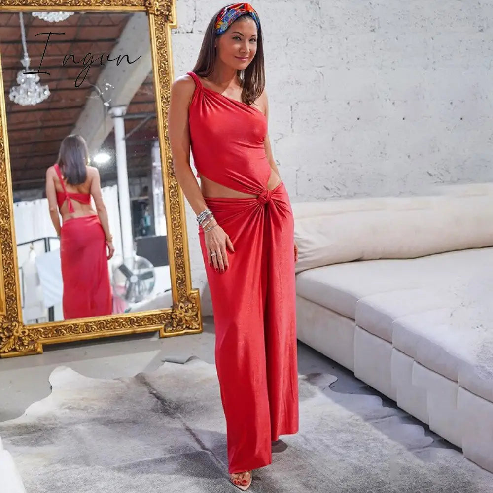 Ingvn - Irregular Sexy Cut Out High Rise Slit Dress Party Club Elegant Twist Knot Sleeveles Backless Maxi Dresses Outfits