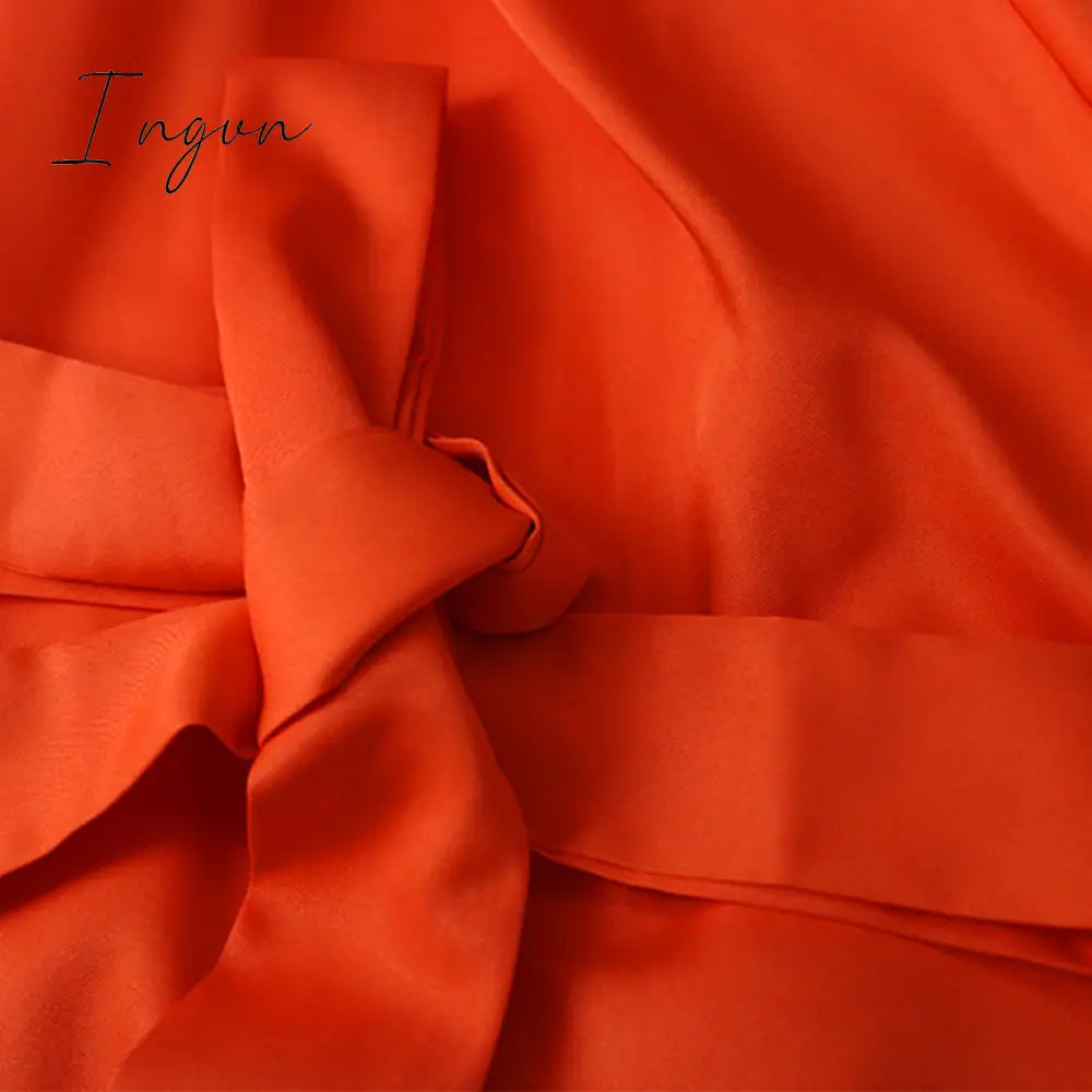 Ingvn - Women Dress Bare Shoulder Waist Belt Long A Line Pleated Orange Casual Fashion Female Ladies Elegant New Autumn Summer Robes