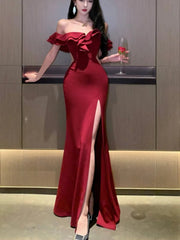Sexy Bodycon Long Dresses for Women Wedding Evening Party Prom Robe Ruffles Slash Neck High Split Hollow Out Summer New Vestido