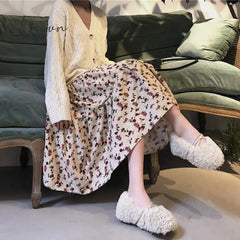 Ingvn - High Waist Flowers Printed Corduroy Skirt