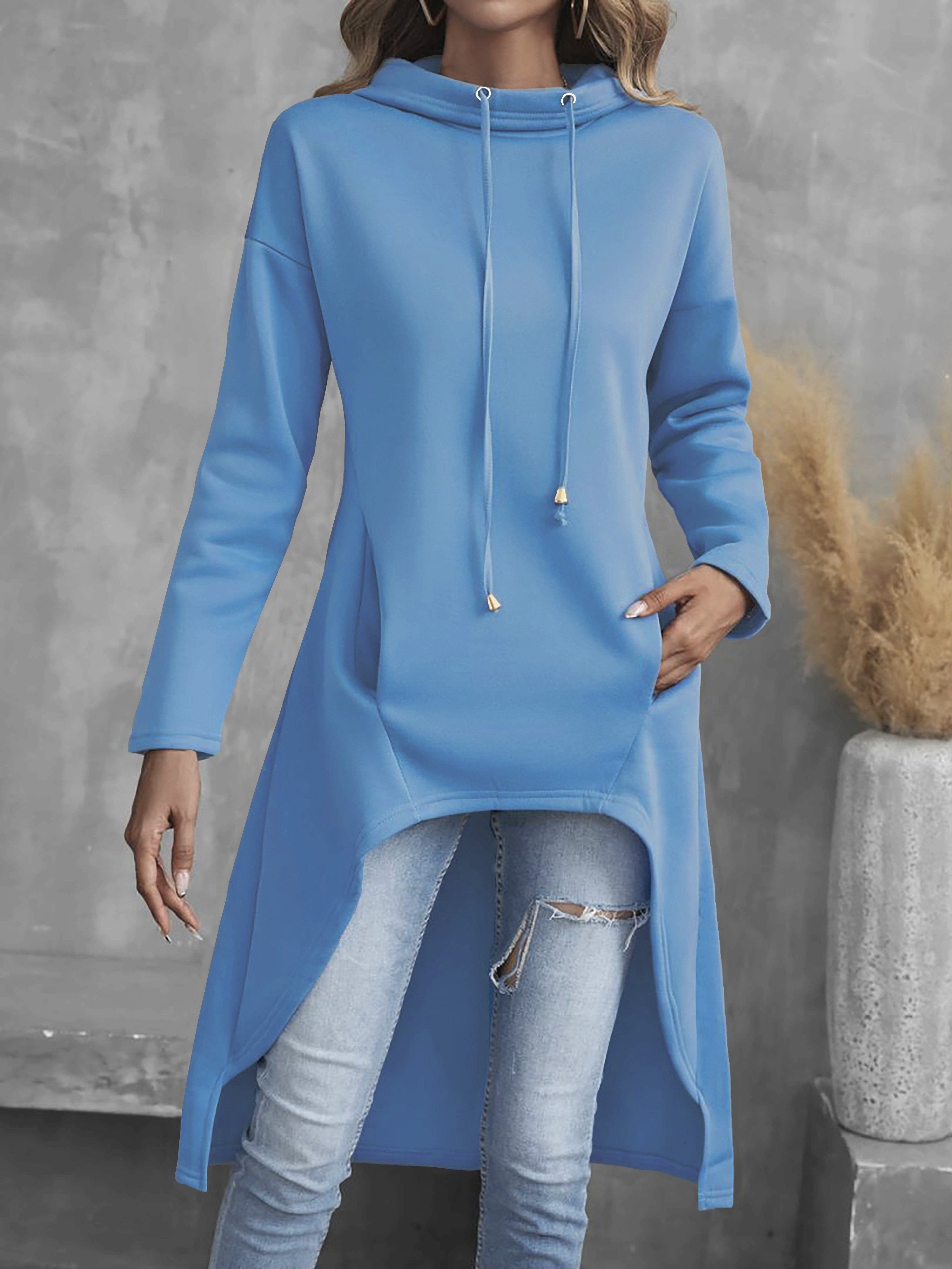 Solid Color Hig-low Hoodie, Casual Long Sleeve Drawstring Hoodie Sweatshirt, Women's Clothing