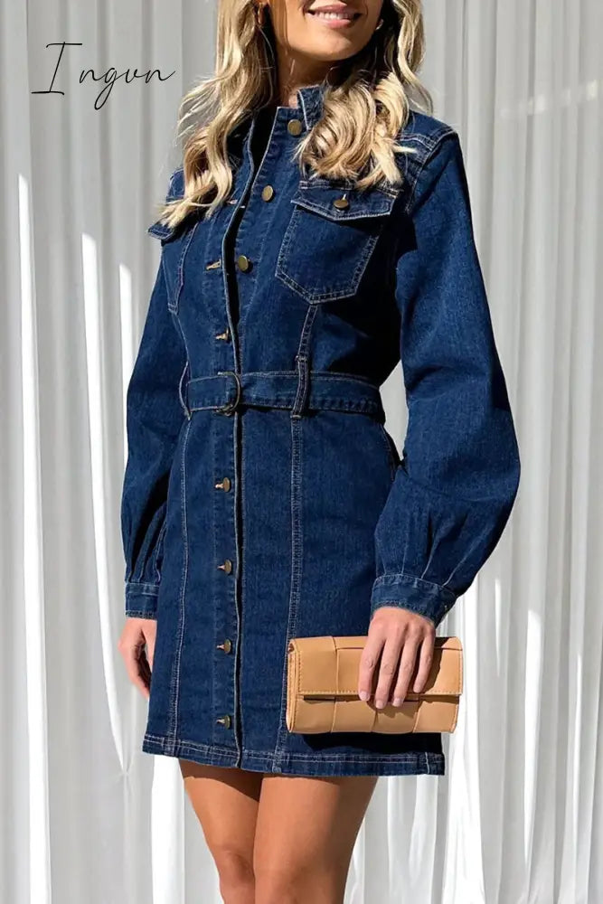 Ingvn - Casual Solid Pocket Buckle With Belt Turndown Collar Long Sleeve Straight Denim Dresses
