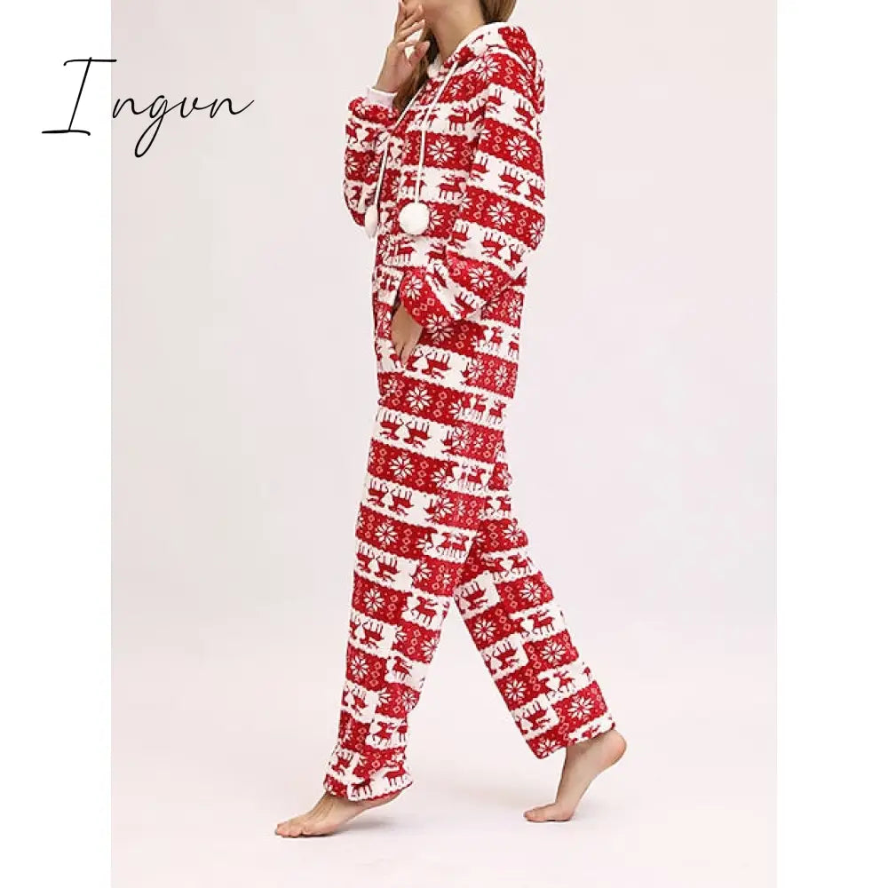 Ingvn - Women's Pajamas Jumpsuit Elk Snowflake Warm Fashion Casual Home Christmas Daily Polyester Breathable Hoodie Long Sleeve Pocket Fall Winter Black White