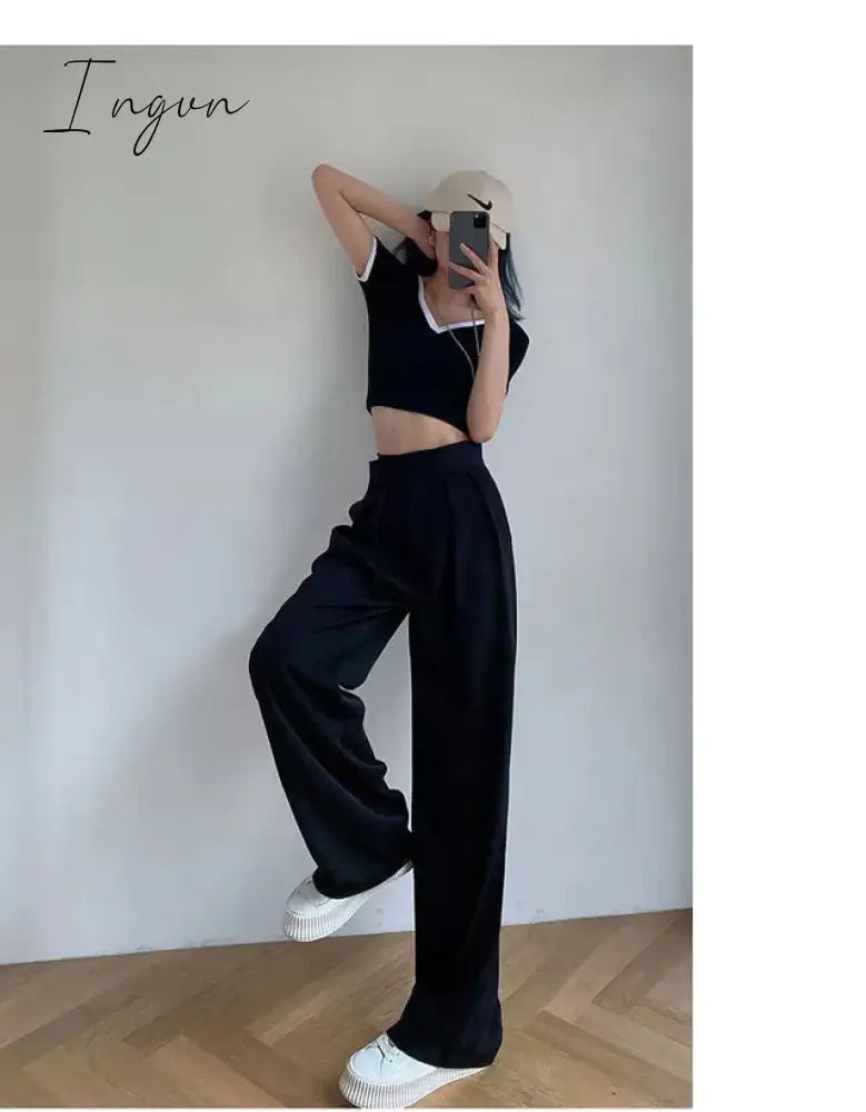 Ingvn - Brown Wide Leg Women's Classic Suit Pants Vintage Palazzo Office Elegant Casual Balck Trousers Female High Wasit Pants
