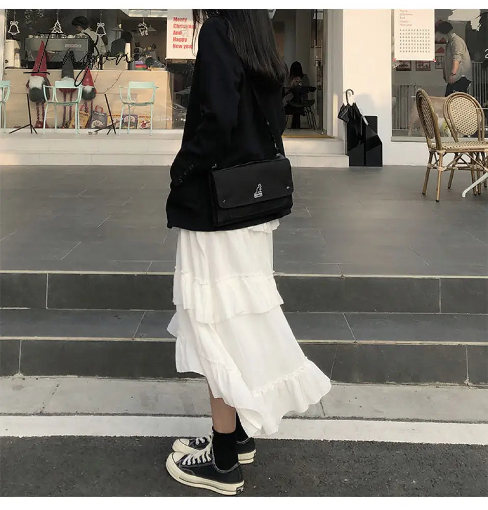 Ingvn - Midi Long Skirts Womens Maxi Skirt Goth Lolita Summer High Waisted Asymmetrical High Low Ruched Ruffle Skirts rok