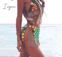 Ingvn - Trends Fashion Gradient Color Shiny Sequins Dots Two Piece Set Low Cut Backless Sleeveless Crop Tops Tassel Mini Skirt Sexy Beach Outfits