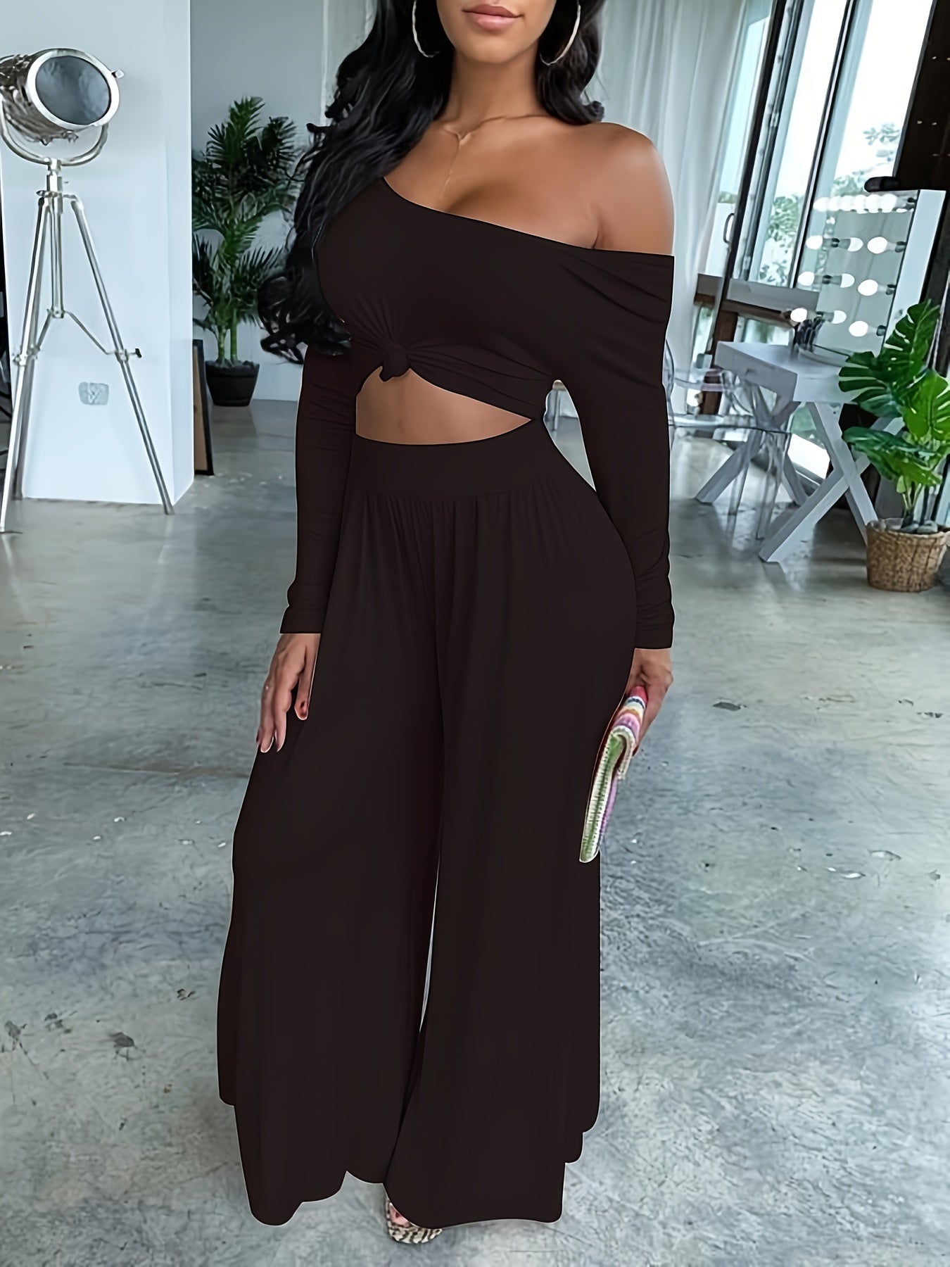 Long Sleeve Two-piece Set, Casual Solid Crop Top & Wide Leg Pants Outfits, Women's Clothing