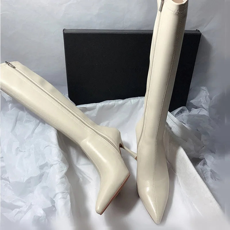 New Style Thin High Heel Women Boots Pointed Toe Women's High Tube Long Boots Zip Boots Mujer Solid Color Sexy Botas Mujer