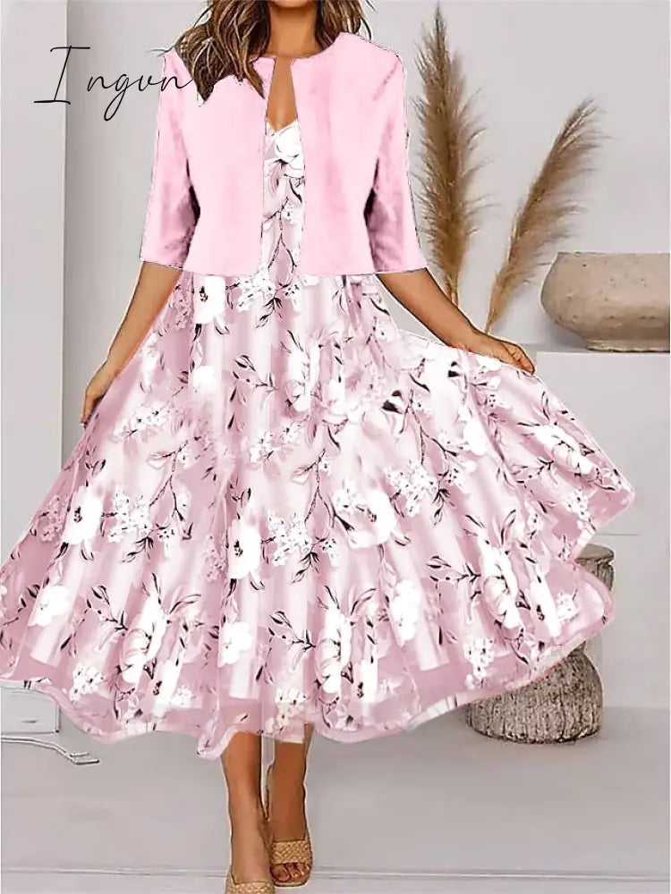 Ingvn - Women's Two Piece Dress Set Casual Dress Chiffon Dress Outdoor Daily Fashion Elegant Print Midi Dress V Neck Half Sleeve Floral Regular Fit Black Pink Gray Summer Spring S M L XL XXL