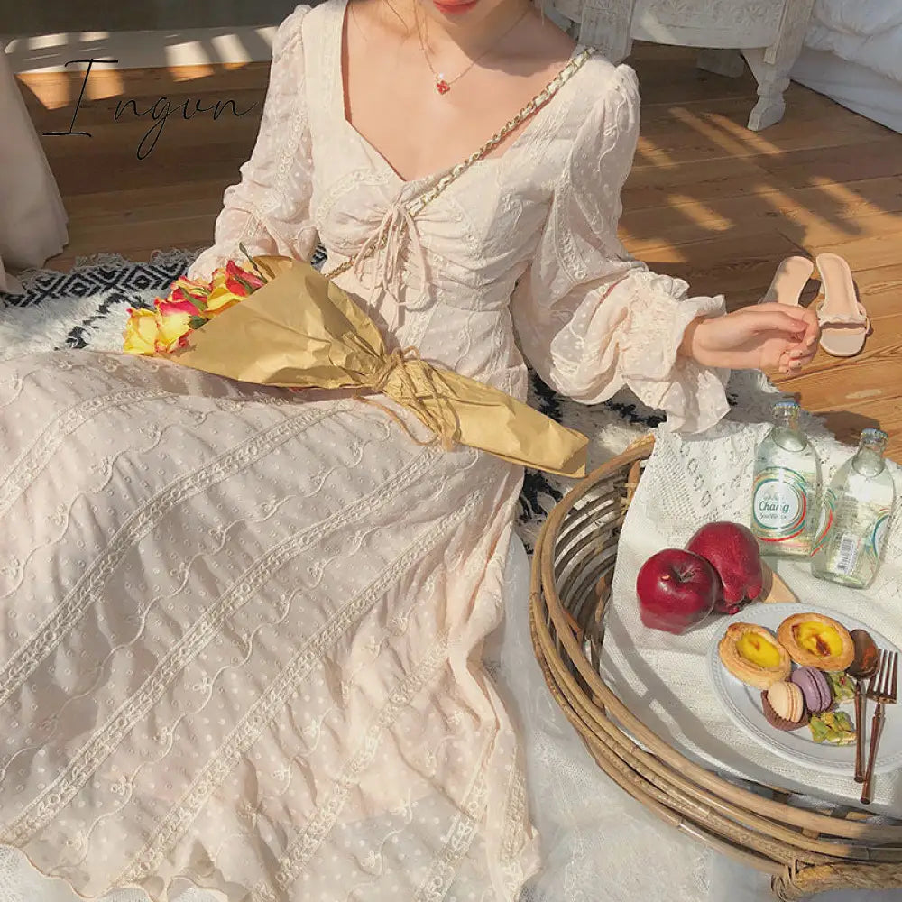Ingvn - Vintage Fairy Dress Women Elegant Designer Chiffon Dress Long Sleeve French Party Midi Dress Casual Women's Clothing Autumn