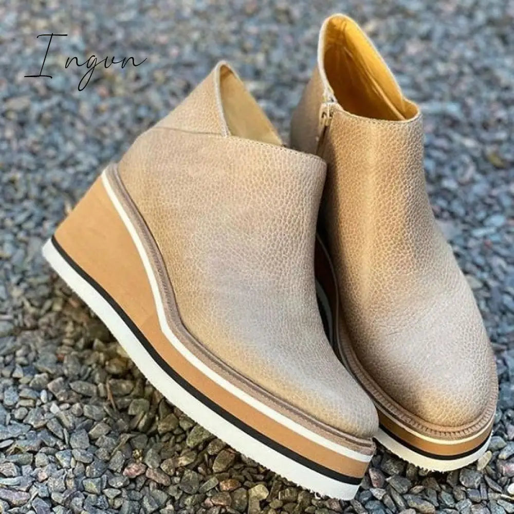 Ingvn - Women Solid Color Wedge Ankle Boots