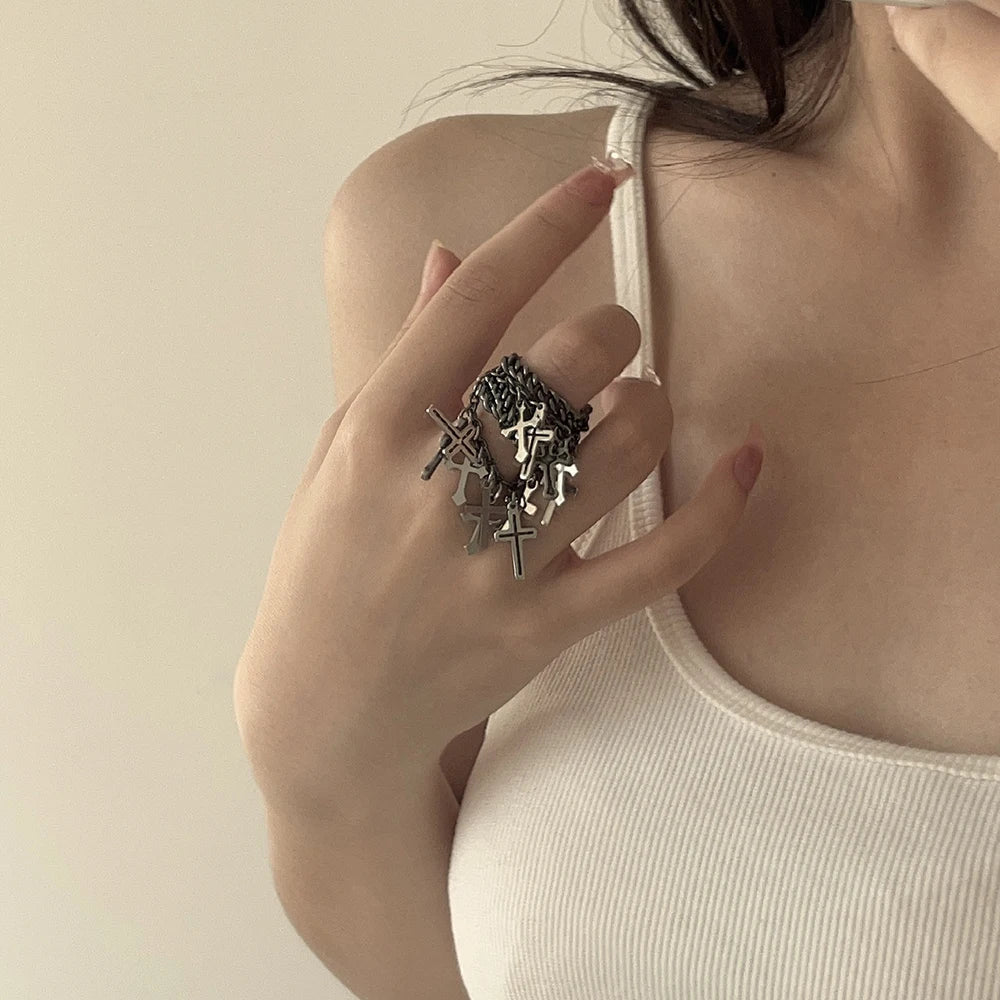 INGVN  Hip Hop Multi-Layer Ring Black Chain Cross Fringe Pendant Ring Unisex Men Women Fashion Trend Punk Jewelry Accessories