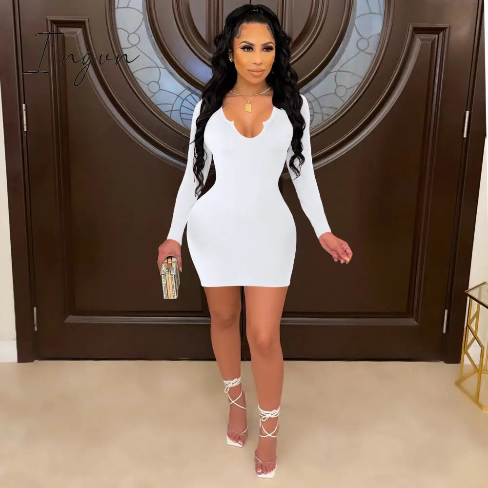 Ingvn - Long Sleeve Mini Dresses Women Basic Party Evening Clubwear Outfits Fall V Neck Sexy Bodycon Dress Short Wrap Streetwear