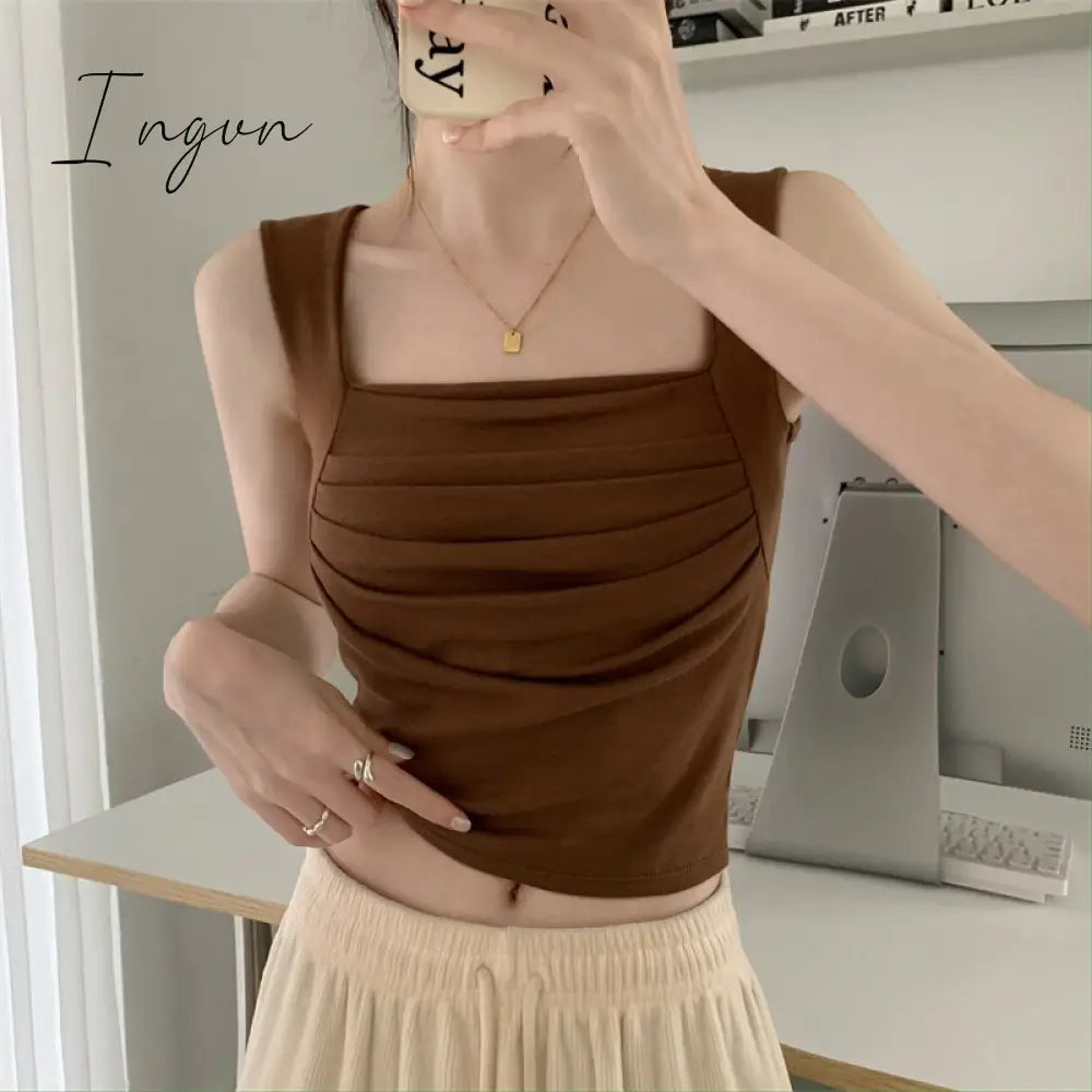 Ingvn - Solid Tank Top for Women Summer 2023 New Korean Fashion Sleeveless Square Collar Slim Crop Top Chic Casual Y2k Tanks