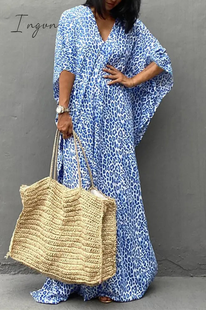 Ingvn - Vintage Vacation Print Leopard Slit Swimwears Cover Up