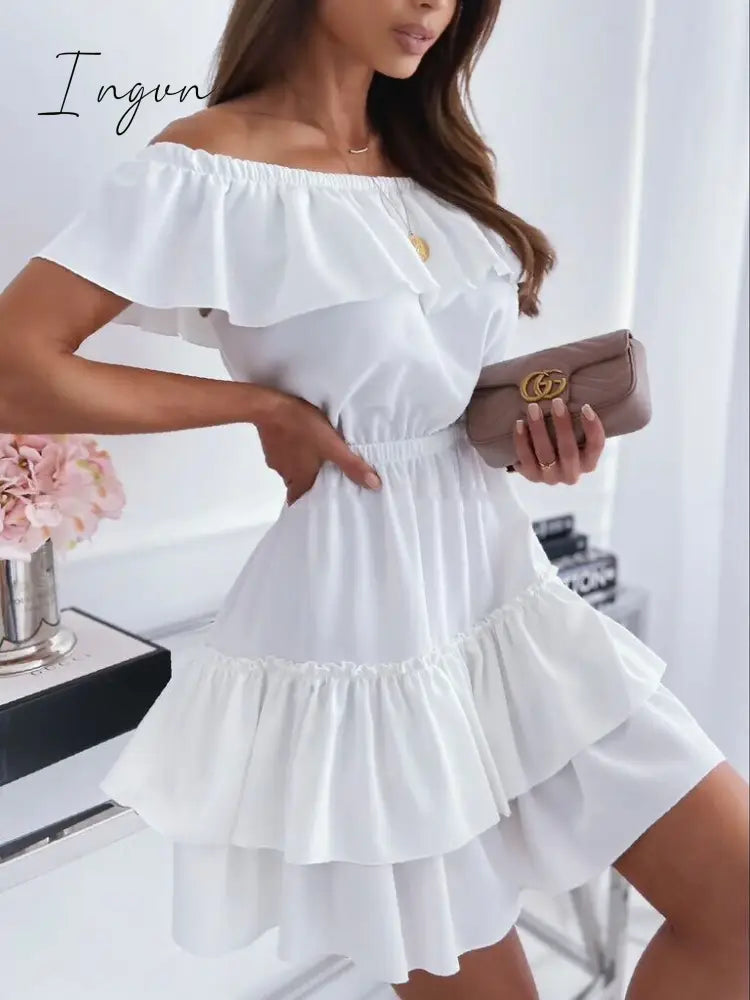 Ingvn - Women Clothes Slash Neck Cascading Ruffle Shirring Dresses Solid Color Midi Sweet Princess Dress Fashion Elegant Pleated Design