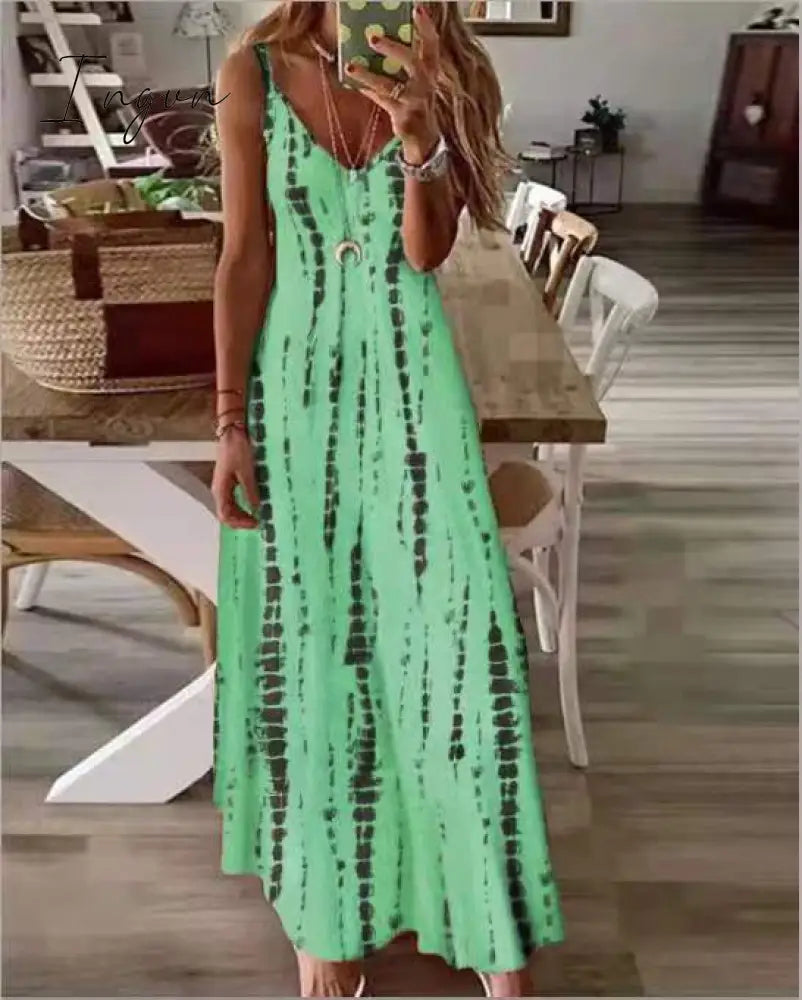 Ingvn - Selling New High Street Tie Dye Dress Sexy Spaghetti Strap V Neck Long Dresses Women Summer Beach Dresses Party Tunic Plus Size 5XL
