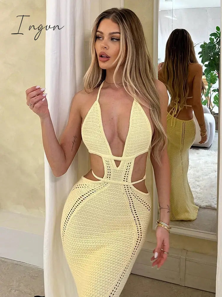 Ingvn - Hollow Out Halter Sexy Mini Dress Women Summer New Sleeveless Backless Skinny Club Party Knit Tank Dress Vestido
