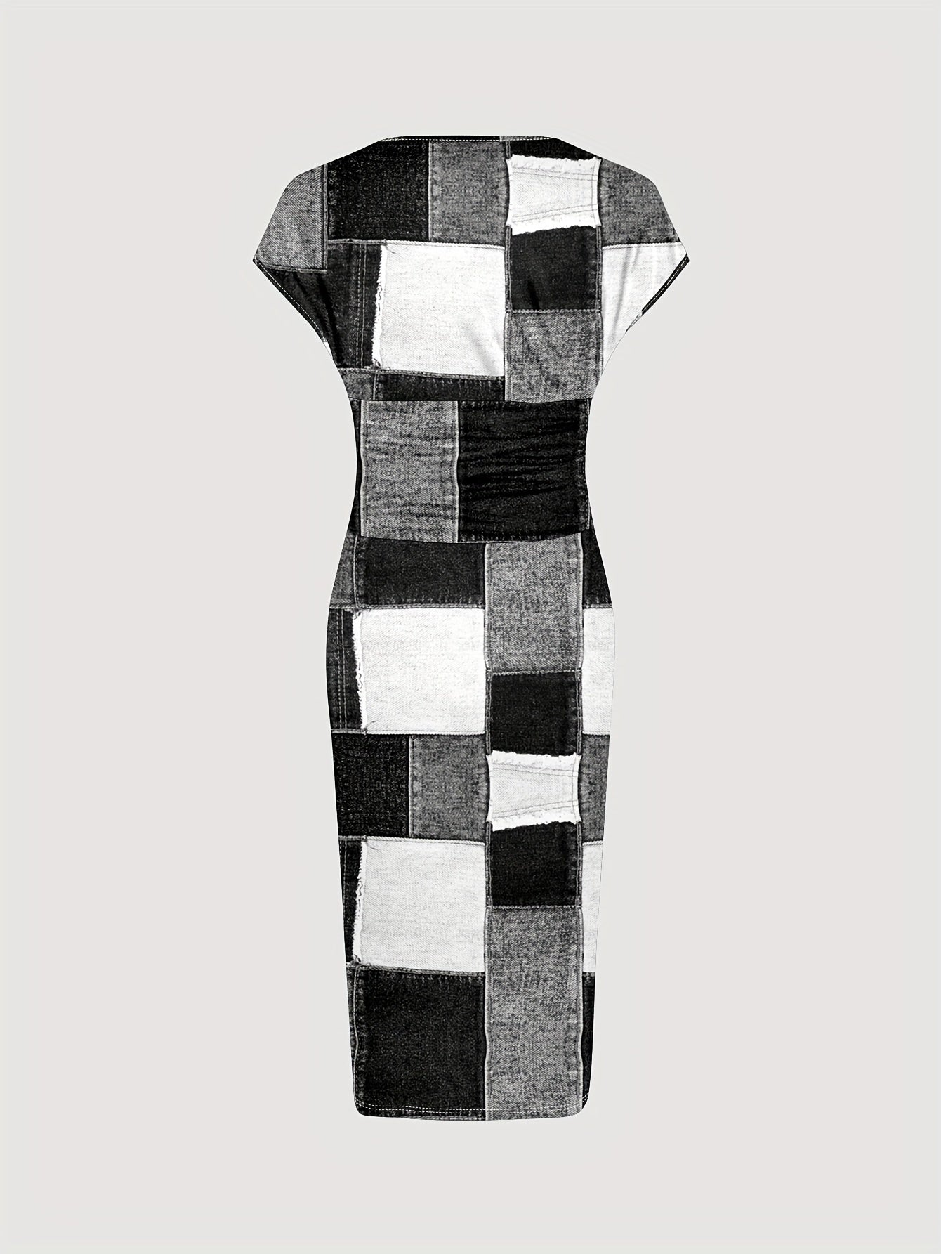 Flattering Patchwork Print V-Neck Dress - Stylish Short Sleeves for Spring & Summer - Feminine Elegance - Ideal Womens Wardrobe Addition