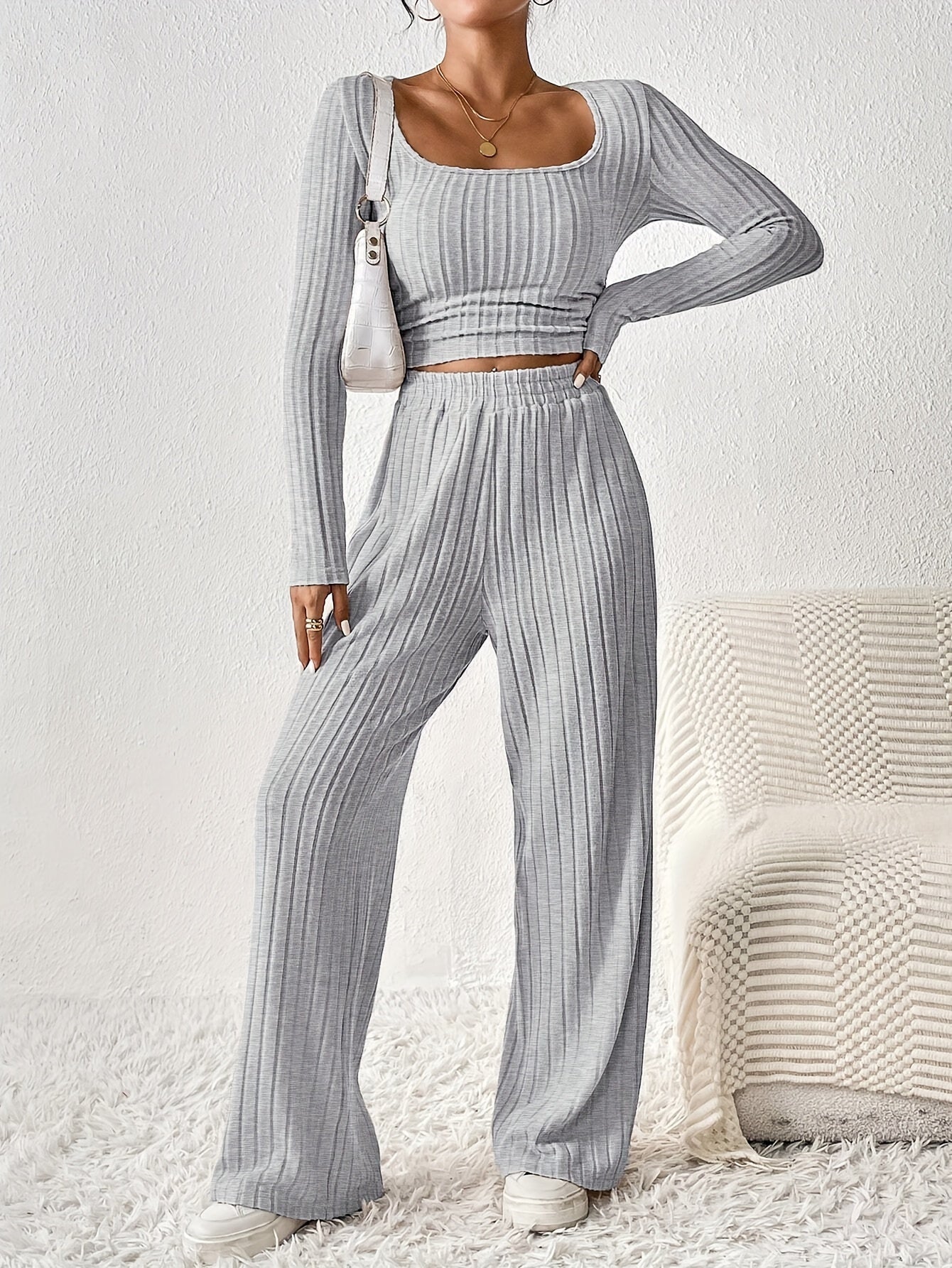 Women'S Fashion Set, Long Sleeve Round Neck Crop Top with Wide Leg Pants, Solid Color, Polyester Knit, Autumn/Winter Collection