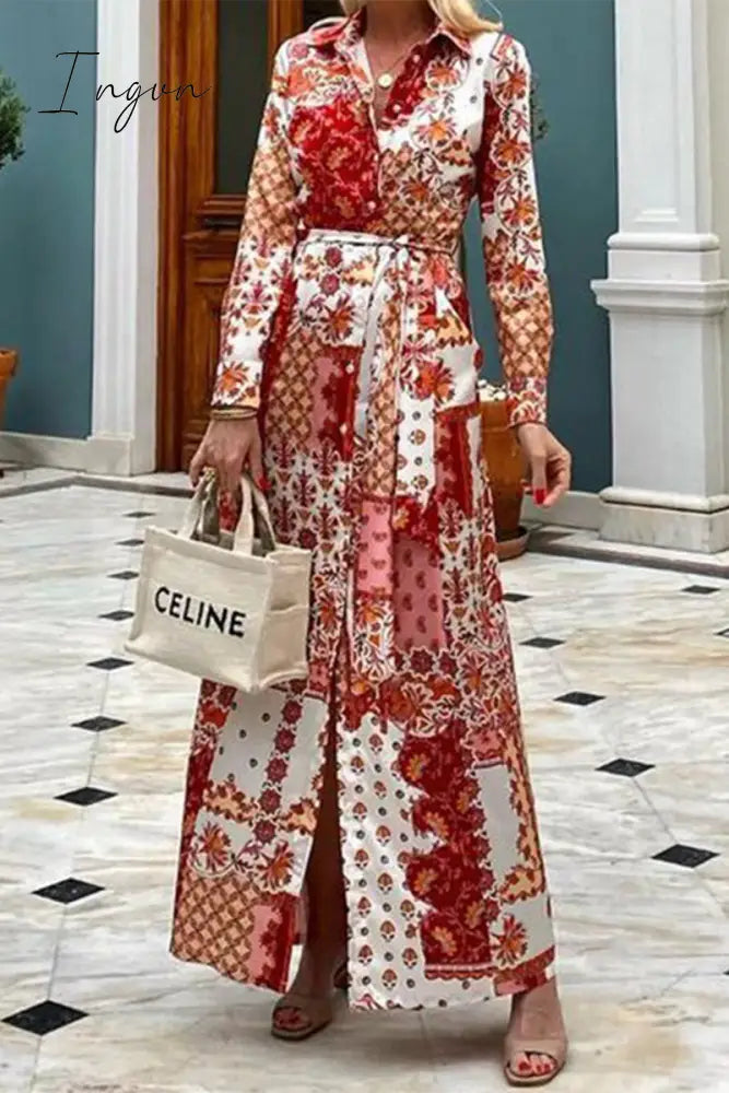 Ingvn - Elegant Floral Pocket Frenulum Turndown Collar Shirt Dress Dresses