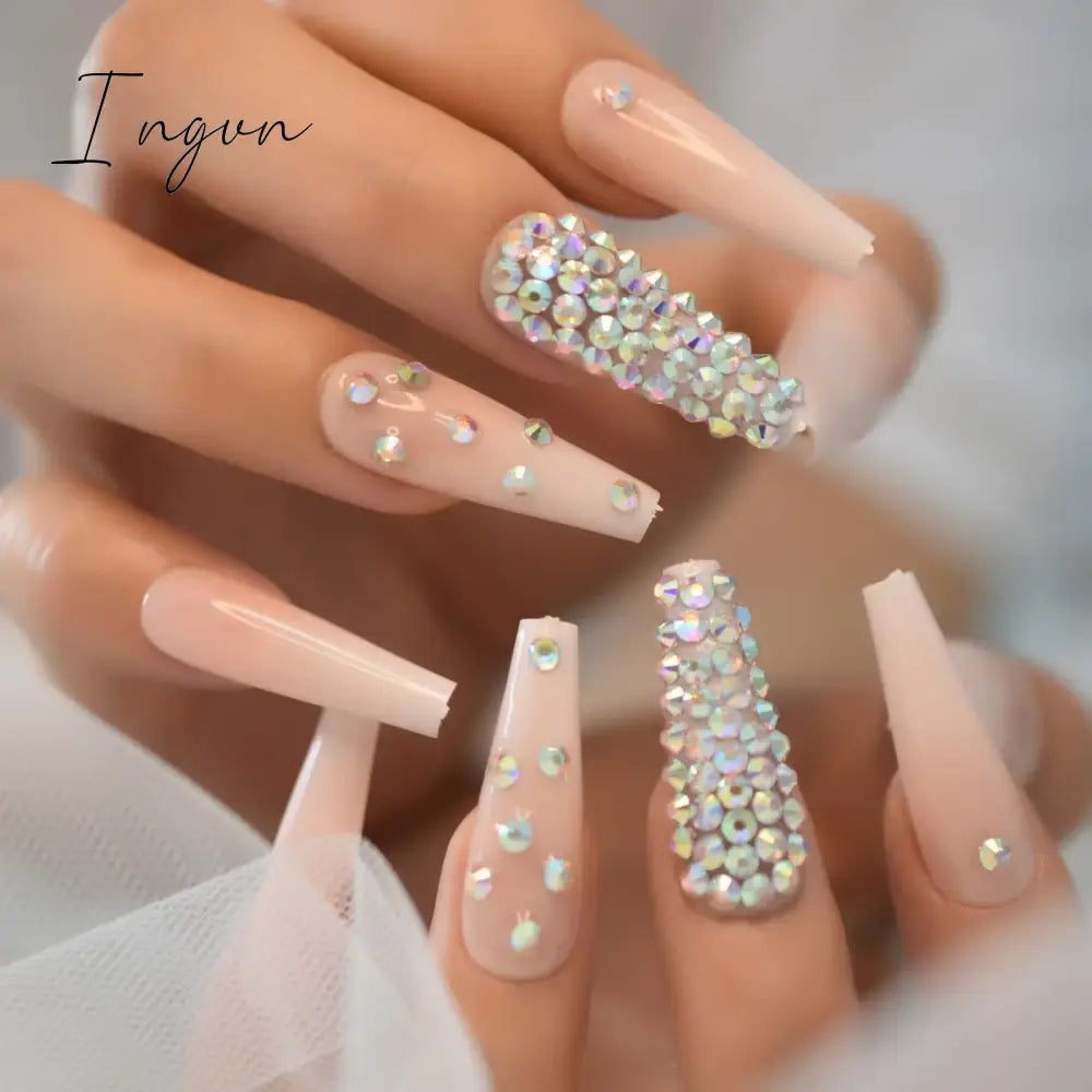 Extra Long Stiletto Press on False Nails Full Cover 3D Rhinestone Fake Nails Manicure Nail Art Tips Set for Wedding Party