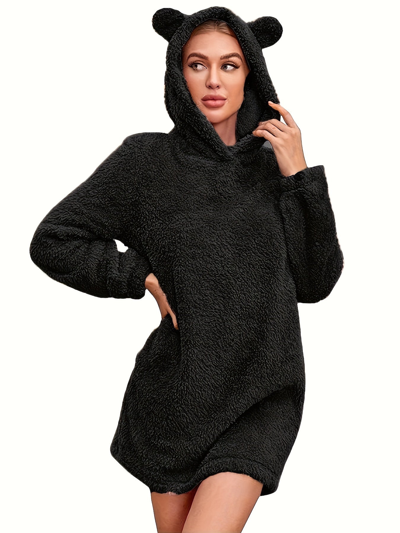 Cozy Fuzzy Solid Color Loose Fit Hooded Dress - Women's Casual Long Sleeve Dresses for Fall & Winter - Soft, Warm, and Comfortable Clothing for Everyday Wear