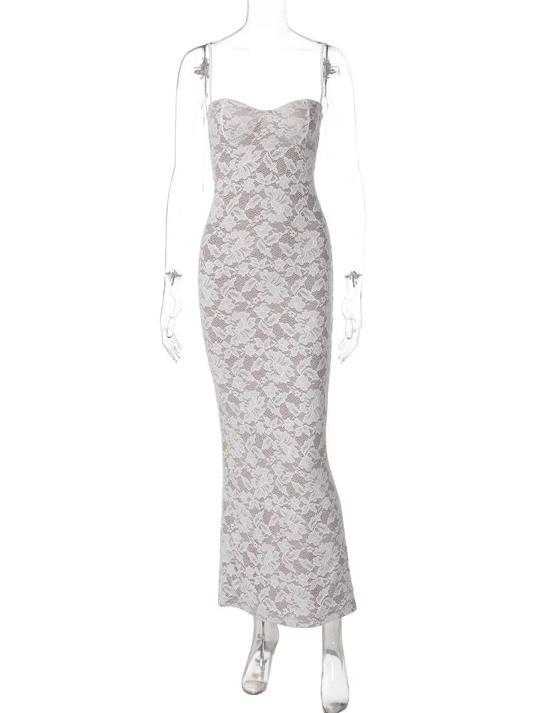Spring Lace Printed Maxi Dress For Women Backless Fashion Patchwork High Waist Spaghetti Slim Dress Female Halter Dresses