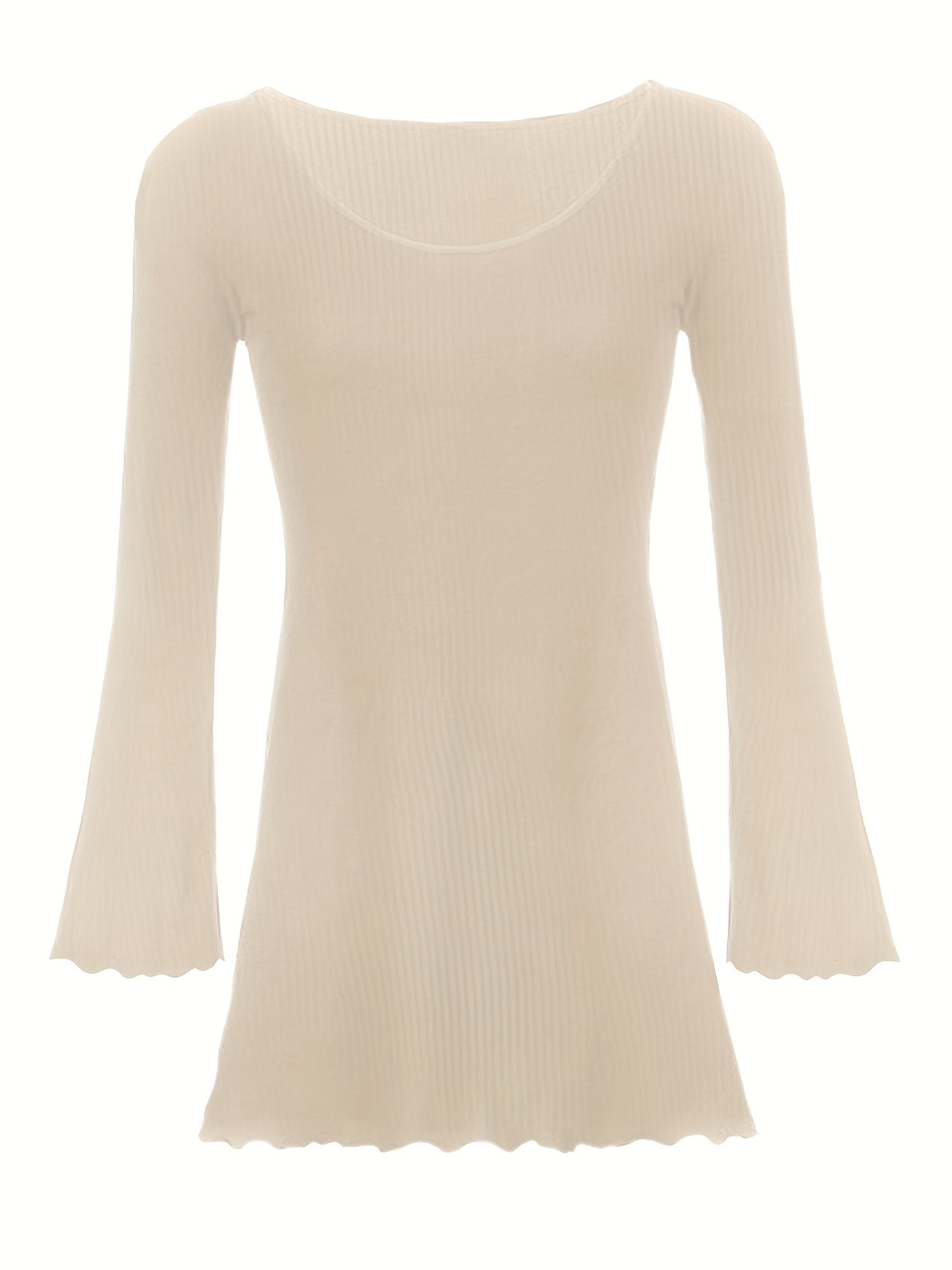 Stylish Solid Lettuce Trim Crew Neck Long Sleeve Dress - Elegant Women's Clothing for Everyday Wear - Comfortable, Relaxed Fit, Versatile, and Chic
