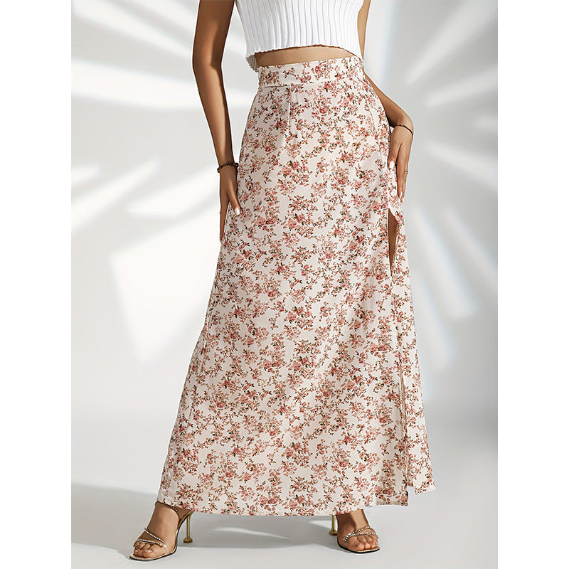 High waist slit floral long skirt for women Fashion slim printed skirt
