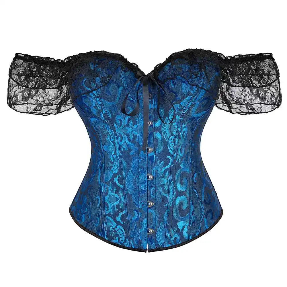 Voguable Womens Bustier Overbust Corselet Lace Up Short Sleeve Sheer Corset Bluse Costume Crop Top
