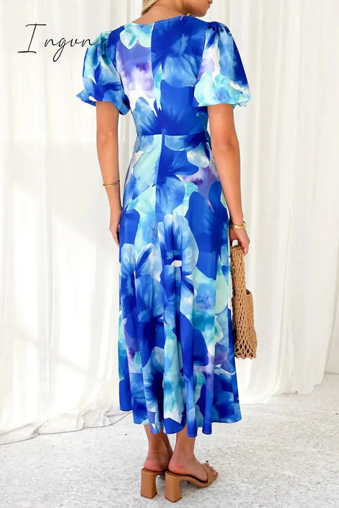 Ingvn - Sexy Vacation Gradual Change Print Hollowed Out V Neck A Line Dresses