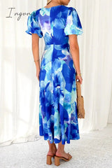 Ingvn - Sexy Vacation Gradual Change Print Hollowed Out V Neck A Line Dresses