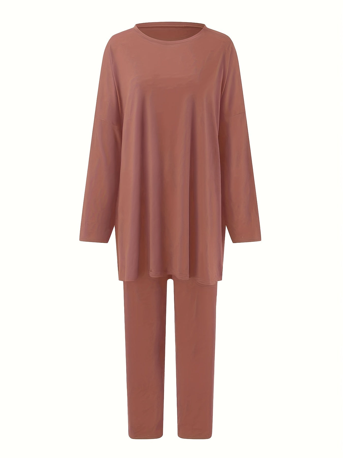 Plus Size Casual Outfits Set, Women's Plus Solid Long Sleeve Round Neck Oversized Top & Leggings Outfits Two Piece Set